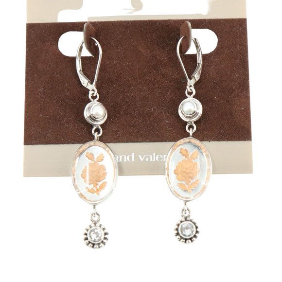 New Mars and Valentine Vintage Sterling Silver Pearl Rose Crystal Dange Earrings - Picture 6 of 8